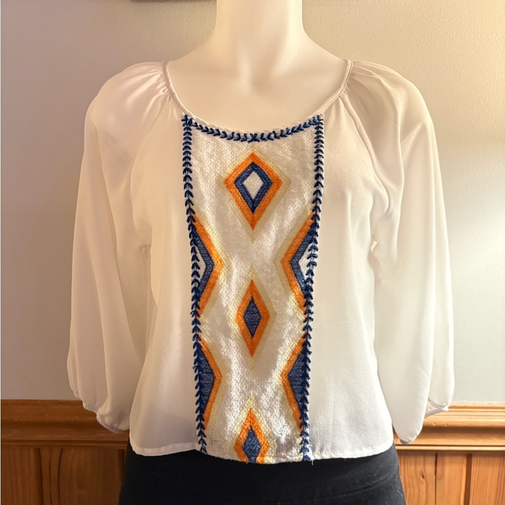 Cropped embroidered orange, white, & blue Aztec pattern blouse, elastic at wrist